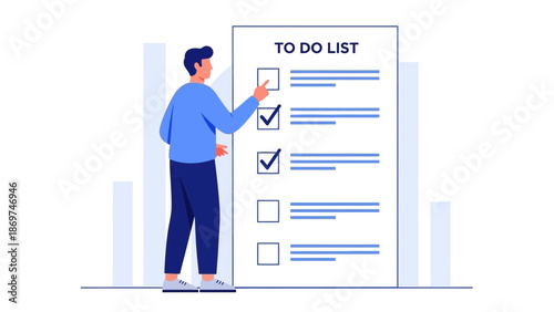 Man checking off tasks on a large to-do list, planning and organization concept