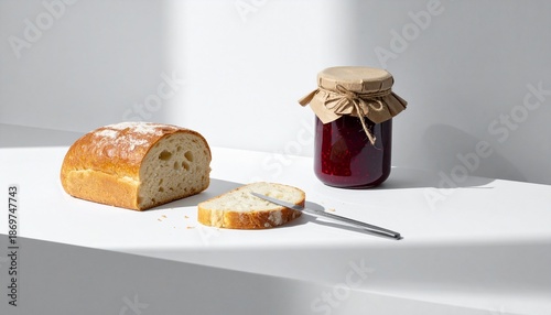 A loaf of fresh bread with a slice cut, next to a jar of jam and a butter knife, placed on a clean white surface. Simple and cozy breakfast scene.