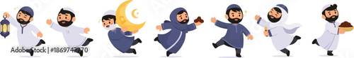 Cute Ramadan Character Illustration of Muslim Man Praying, Celebrating and Worship Activities in Holy Month Vector Set