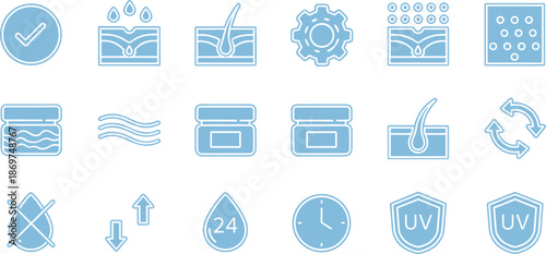 Skincare and dermatology icon set featuring skin layers hair follicles UV protection cream jars and 24-hour hydration symbols.