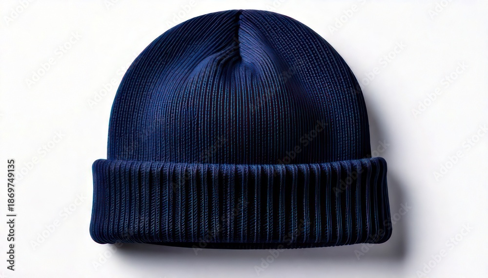 Fototapeta premium Stylish Navy Blue Knitted Beanie Hat on White Background, Winter Fashion Accessory.