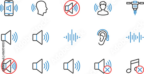 Professional audio icon set featuring sound waves volume control mute symbols hearing protection and noise level indicators for interface.