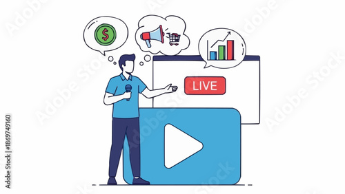 Man broadcasting live video with marketing symbols and charts.