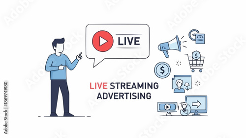 Man broadcasting live streaming advertising with icons.