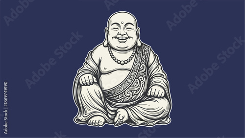 Smiling Buddha Statue in Meditative Pose on Blue Background.