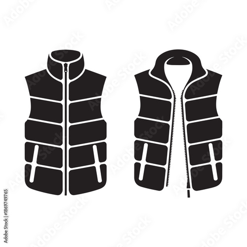 Black and white outline of two quilted puffer vests front and back view