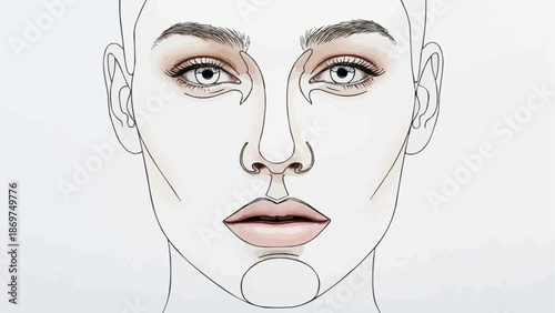 Close up of a womans face with makeup contouring and eyeshadow.