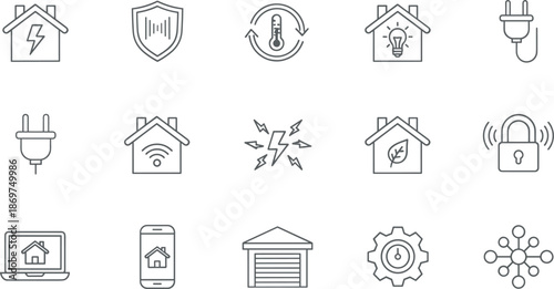 Smart home icon set with energy efficiency solar power automation climate control and security symbols for modern house technology.