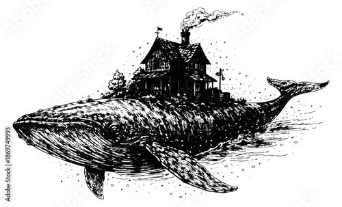 Hand drawn line art illustration of a whale carrying a house depicting a surreal scene for fantasy stories and conceptual designs