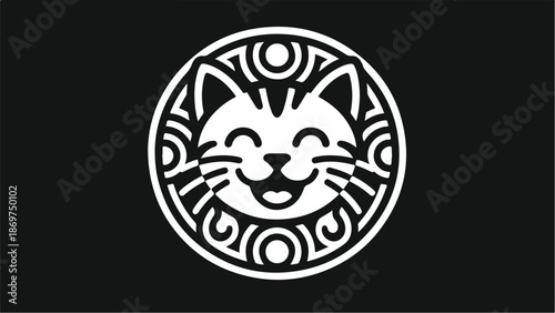 Smiling cat face inside a circular decorative design in black and white.