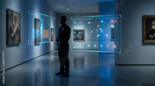 Visitor studies futuristic holographic data interfaces in a blue gallery exhibit