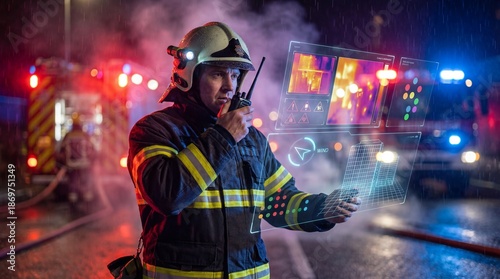 Firefighter in turnout gear using a handheld radio at a nighttime emergency scene with smoke and digital displays