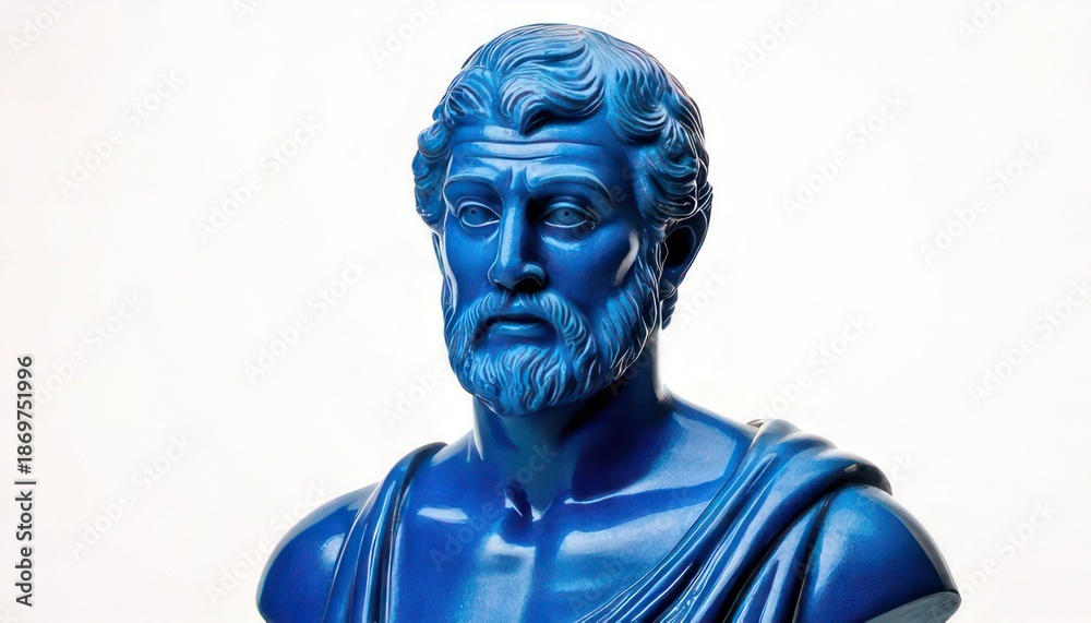 Obraz premium Striking Blue Sculpture of a Mans Bust Against a White Background.