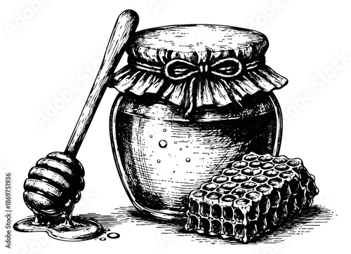 Hand drawn line art illustration of honey depicting a jar, dipper, and honeycomb for natural food and wellness