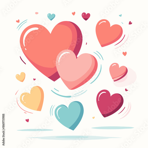 Colorful illustration of floating hearts in various sizes and shapes on a soft background