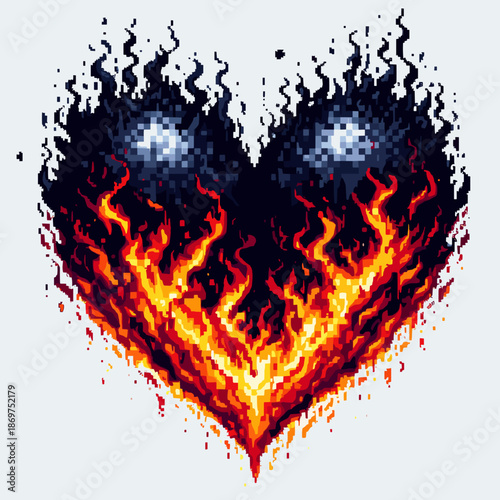 Fiery pixel art heart with flames and sparks on a contrasting background