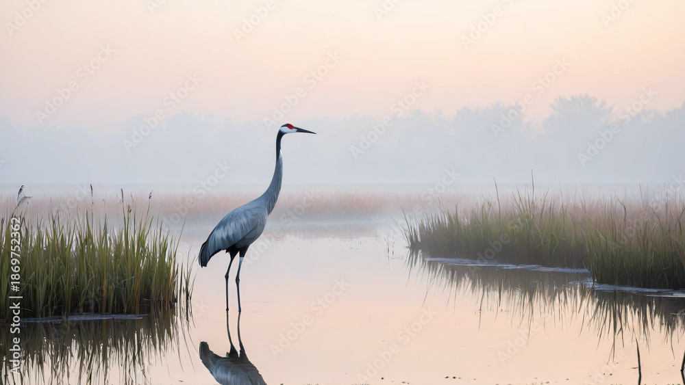 Fototapeta premium Ein eleganter Kranich steht im frühen Morgennebel in einem ruhigen See