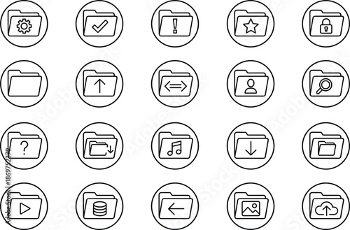 Professional file folder icon set with data storage search security upload download and document management symbols for software interface.