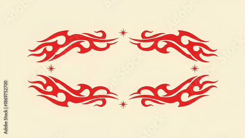 Symmetrical red tribal flame ornaments form an oval frame with small stars, creating a bold decorative border on a soft beige background with empty center.
