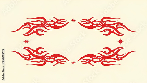 Symmetrical red tribal flame ornaments form an oval frame with small stars, creating a bold decorative border on a soft beige background with empty center.
