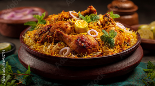 Authentic Indian chicken biryani served in a traditional clay pot, garnished with mint and onions, spicy rice dish