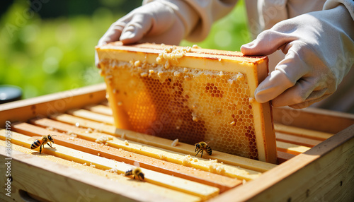 Gloved hands lifting honeycomb frame from open beehive