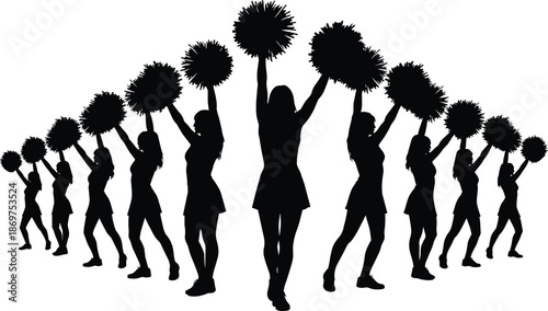 Vector set of black silhouettes featuring a group of cheerleaders with pom poms performing a routine on white background isolated.