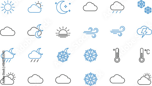 Weather forecast icon set featuring sun clouds rain snow moon and temperature symbols for climate reporting and mobile application.
