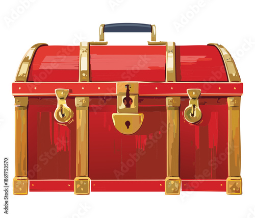 Classic red treasure chest or storage trunk with gold metal locks and heavy wood grain texture