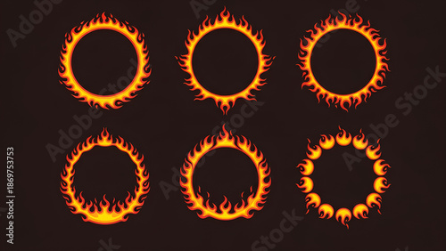 Collection of circular flame ring designs in solid black and outline styles, isolated on white background, ideal for logos, icons, frames, tattoos, or graphic design elements.
