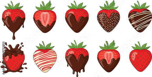Vector set of fresh and chocolate dipped strawberries with drips sprinkles and splashes isolated on white background for dessert menu.