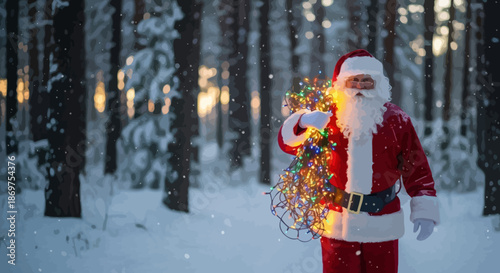 Santa claus holding colorful christmas lights in snowy forest at dusk with tall trees with holiday and seasonal and festive and winter and red suit