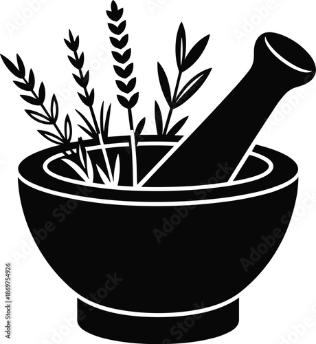 Apothecary preparation mortar and pestle symbolizes ancient herbal remedies and medicinal preparations for health black and white vector on white background.
