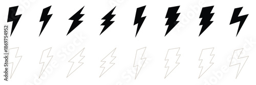 Web flash thunder power icon set, featuring lightning bolt and thunder symbols in thin line, outline, and stroke vector style for electricity, energy, technology, and digital design