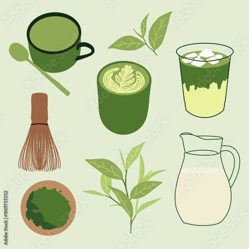 Matcha Latte Illustration Set with Latte Art, Iced Matcha Drink, Tea Leaves, Whisk, and Milk Jug in Soft Green Palette