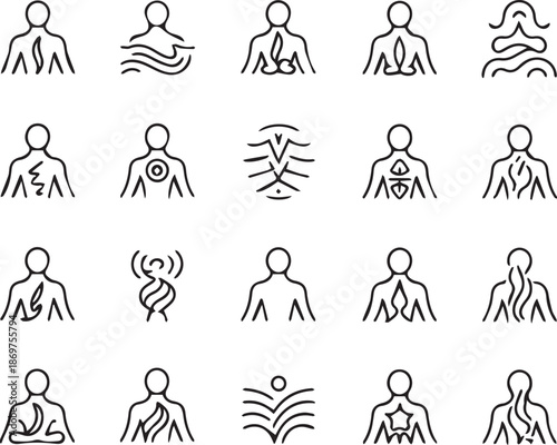 Collection of abstract line art icons representing human figures with various symbolic elements within their chest cavities, depicting concepts of energy, spirit or inner being in a simplified minimal