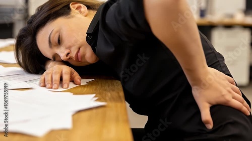 office syndrome in office worker concept, female touching her back suffering from muscle pain from sitting position during work.