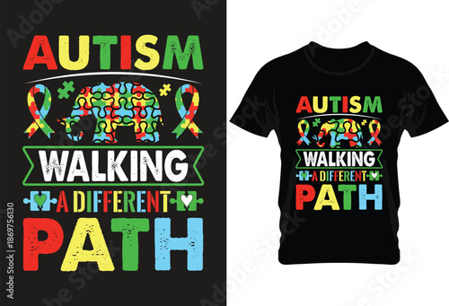Autism awareness t-shirt design featuring puzzle pieces ribbons and inspirational text