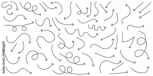 Hand drawn arrow doodles. A diverse collection of hand-drawn doodle arrows pointing in multiple directions. An extensive set of hand-drawn doodle arrows rendered in black on a clean white background.