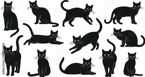 Black cat illustration set, cute feline poses, minimal flat design, yellow eyes, isolated on white background, vector style graphic collection