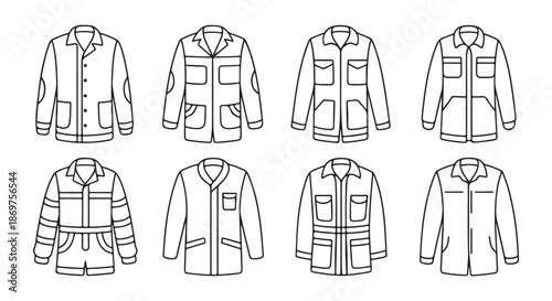 Workwear Jackets Collection. Front View Flat Illustrations Set.