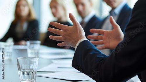 Business leader gesturing during boardroom coaching session with executive team around table, symbolizing leadership development and strategic guidance.