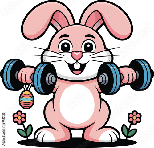 Easter Bunny Workout Mascot Lifting Dumbbells and Decorated Egg Illustration