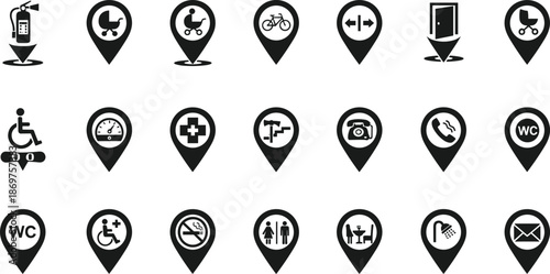 Map pin location icon set, public facilities symbols, restroom, accessibility, emergency, transport, navigation markers, black glyph design