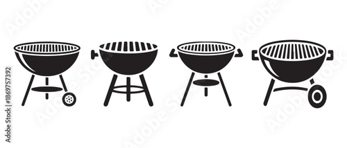 Set of Black Grill Icons. Various Designs for Outdoor Cooking.