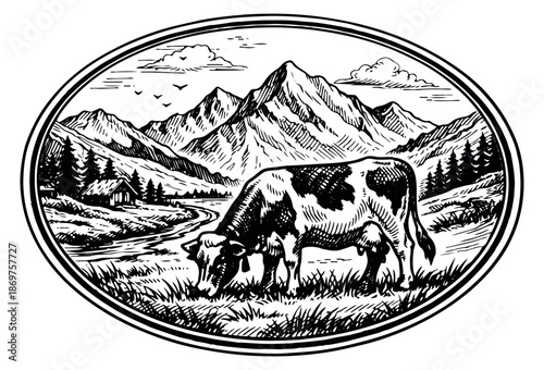 Hand drawn line art illustration of a cow in a mountainous landscape depicting grazing peacefully for natural farm products
