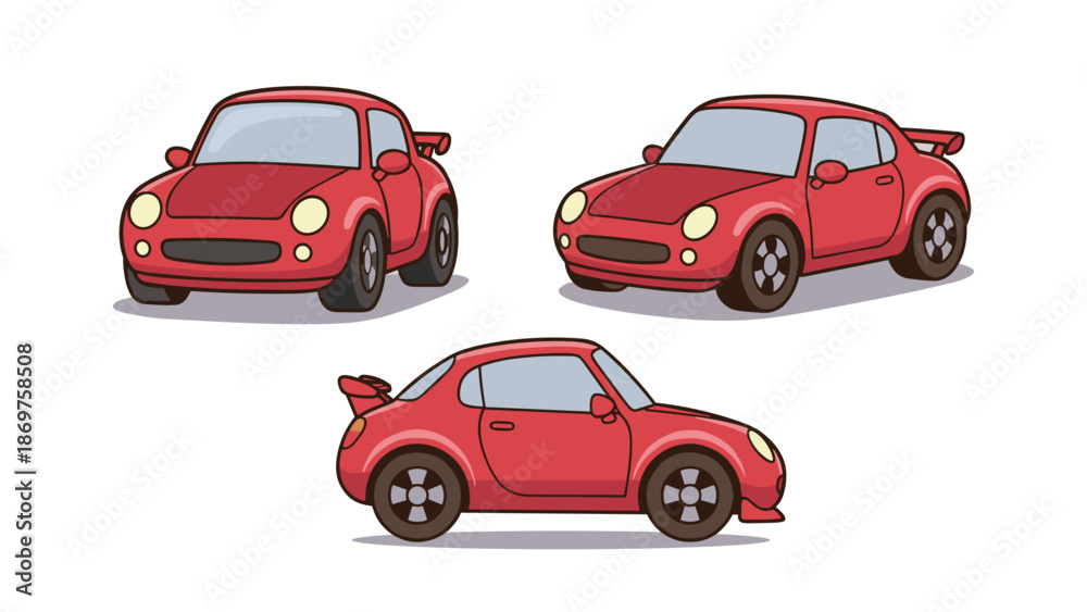 Naklejka premium Cute Red Cartoon Car Set in Different Angles Vector Illustration