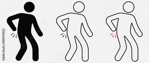 back pain silhouette icon. icon back pain black outline for web site design and mobile dark mode apps.  vector illustration isolated on transporent background.