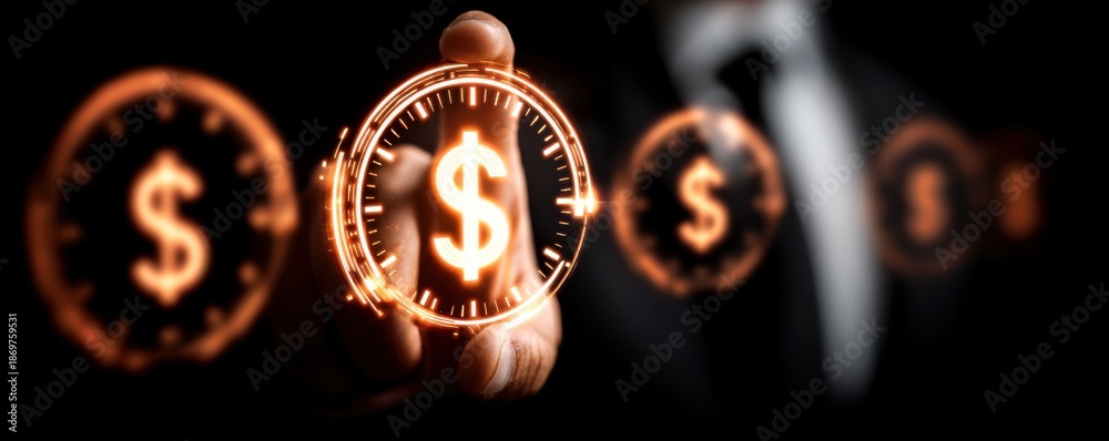 Fototapeta premium A businessperson holds a glowing dollar sign, symbolizing finance, investment, and wealth growth against a dark background.