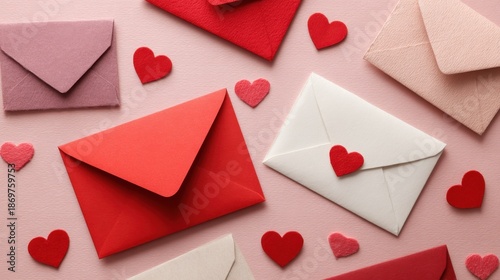 Colorful envelopes and heart shapes create a romantic, festive atmosphere, perfect for love letters or Valentine's Day celebrations.